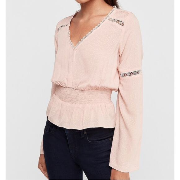 EXPRESS NWT Pink Lace V Neck Peplum Blouse // L - Picture 1 of 12